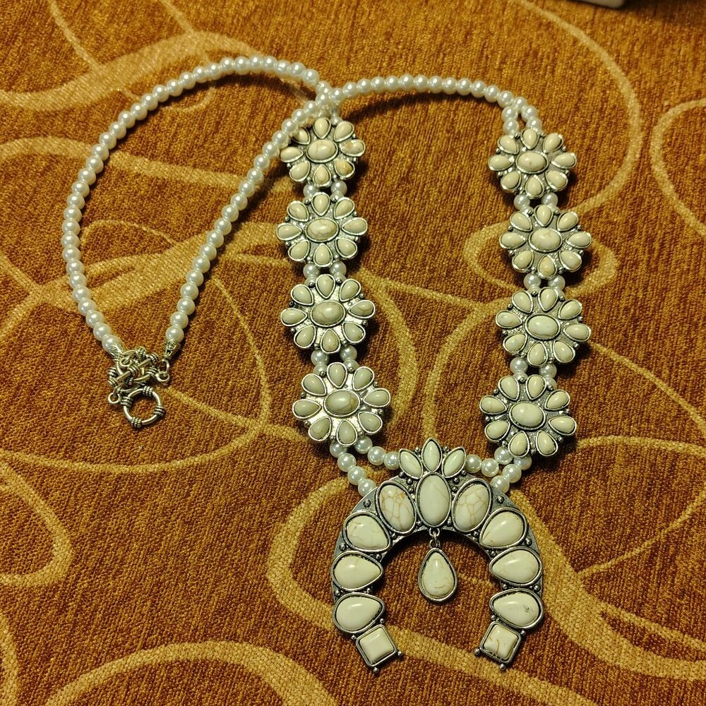 Squash Blossom Genuine Cream Howlite Stone Necklace - Picture 6 of 6